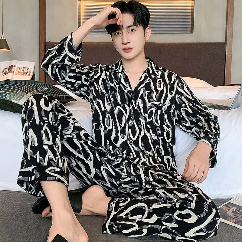 High Quality Men Pajamas Suit Spring Fall Ice Silk High-end Long-sleeved Sleepwear Set Female Ethnic Style Large Size Loungewear