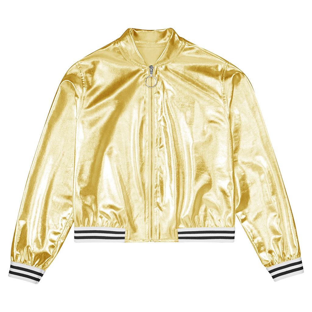 Kids Girls Boys Shiny Metallic Baseball Jacket Long Sleeve Casual Sports Bomber Jackets Jazz Hip-hop Street Dance Coats Outwear