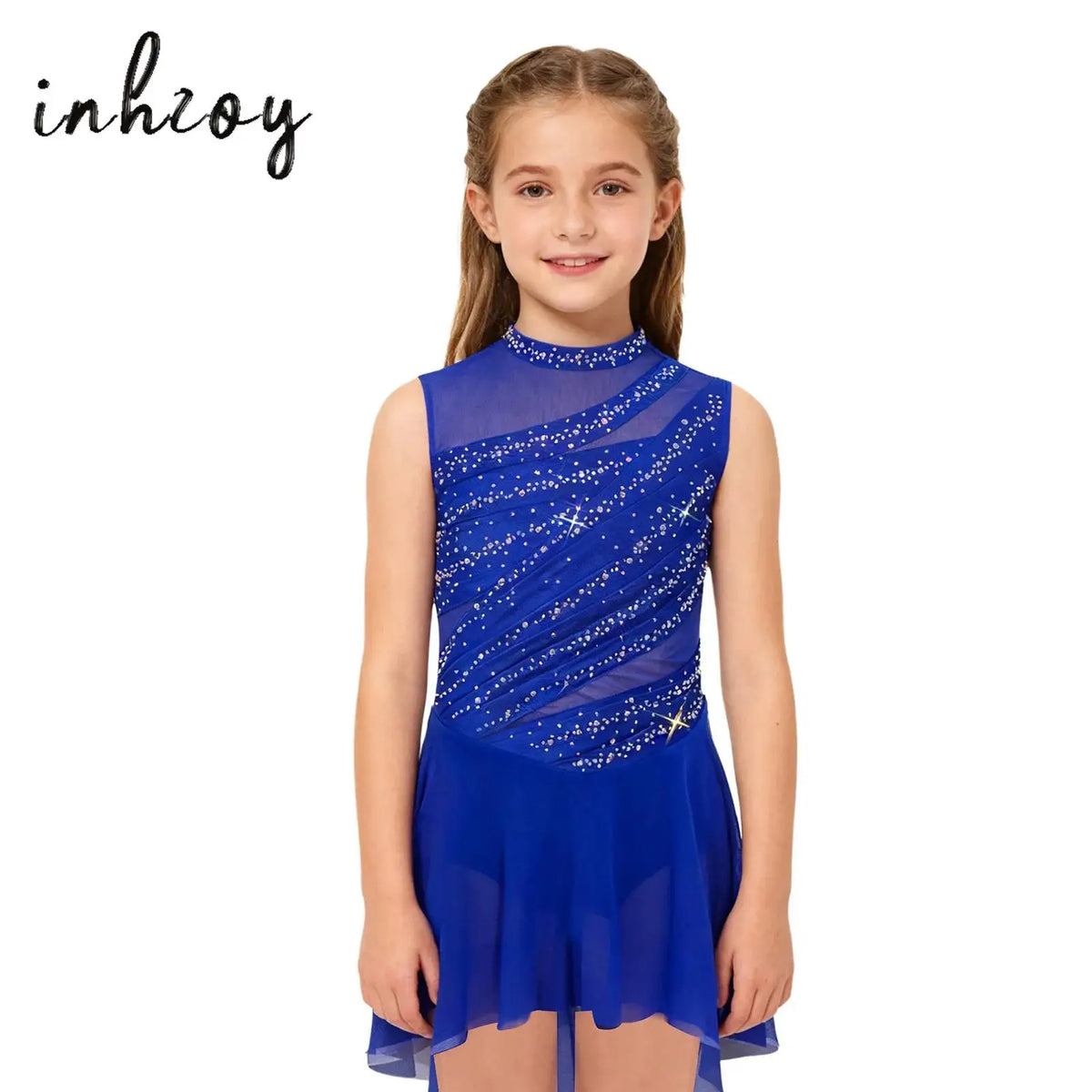 Kids Girls Lyrical Dance Dress Sleeveless Sheer Mesh Patchwork High-Low Hem Ruched Shiny Rhinestone Leotard Dress Ballet Dresses