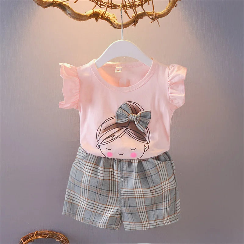 Kid Baby Girl Clothes Set Ruffle Sleeve Bow T-shirt+Plaid Short Pant 2Pcs Girl Suit Casual Cotton Children Clothing Outfit A875