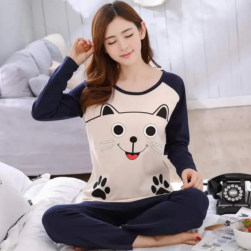 Autumn Thin 2Pieces Pyjamas Set Women 2026 Round Neck Girls Bear Pajamas Sets Teacup Cat Full Sleepwear Tops lovers Pajama Mujer