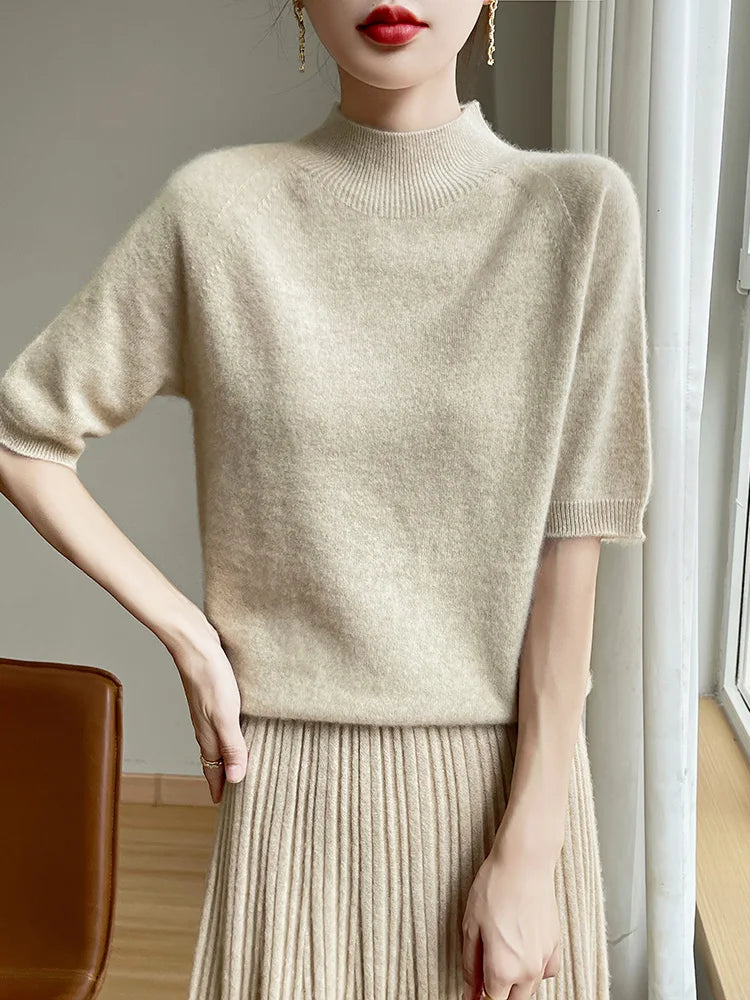 Short Sleeve Women Sweater Basics 30% Merino Wool Female Knitted Pullover Summer Clothing Tops Solid Casual Mock Neck T Shirts