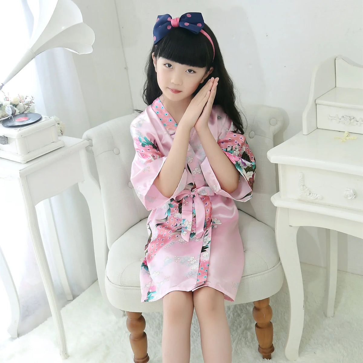Kids Satin Floral Kimono Robe Flower Girl Peacock Bath Robes for Wedding Spa Party Gifts Bridal Lingerie Sleepwear Bathrobe