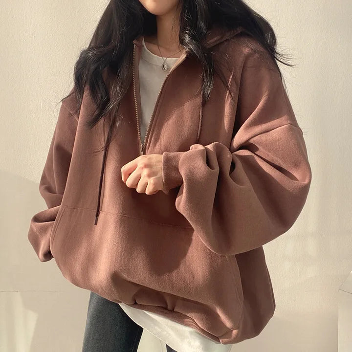 Women Hoodie Harajuku Loose Oversized Solid Color Top Half Zip Up Sweatshirt Female Casual Long Sleeve Pocket Hooded Coats 2025