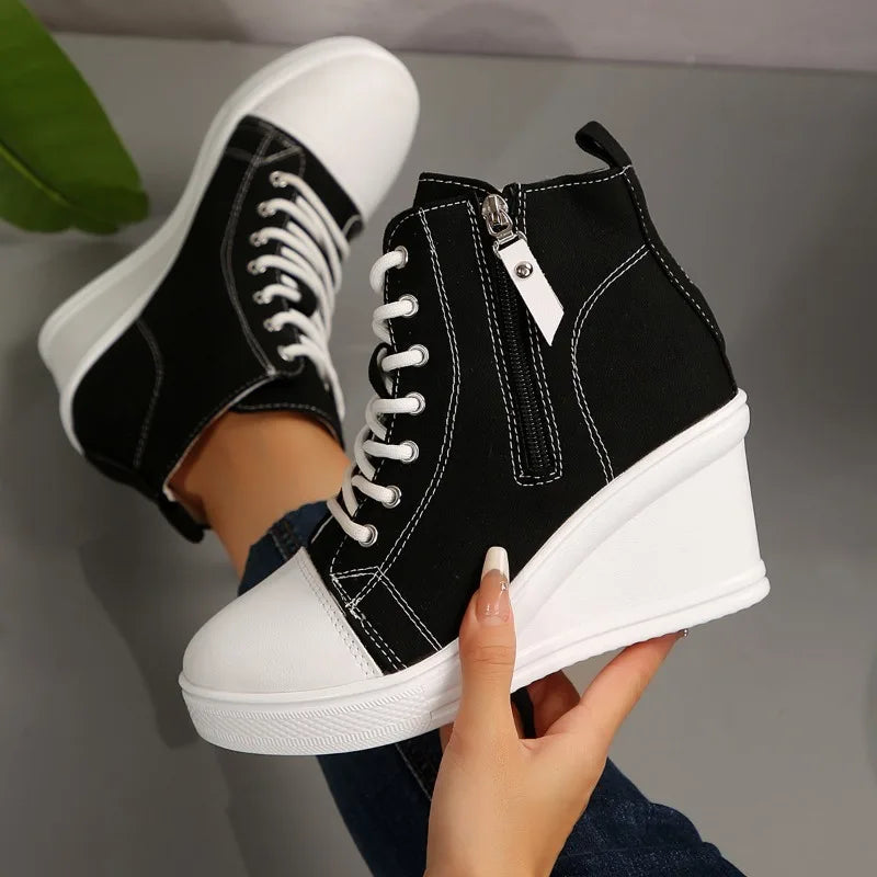 women's sneakers new invisible wedge heels zip lace up classic canvas shoe Platform fashion lightweight high top shoes for women