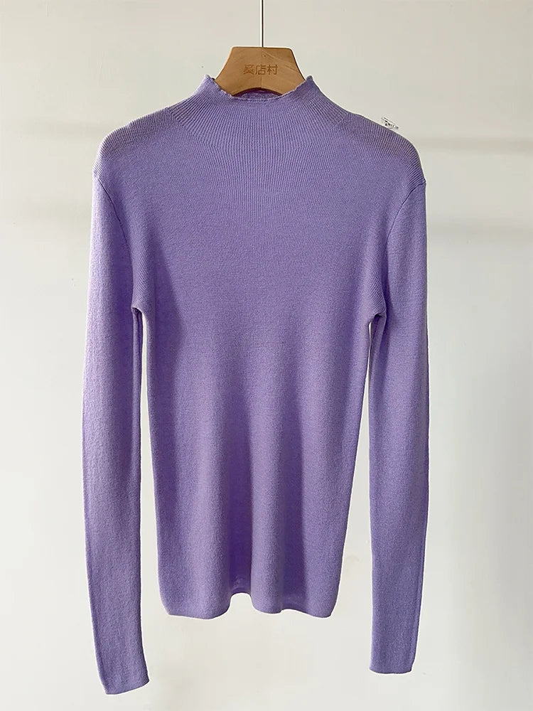 BirdTree, 100% Wool Slim Thin Sweater, Women Long Sleeve Mock Neck, Seamless Bottom High Elastic Top, 2025 Winter Fall T46985QM