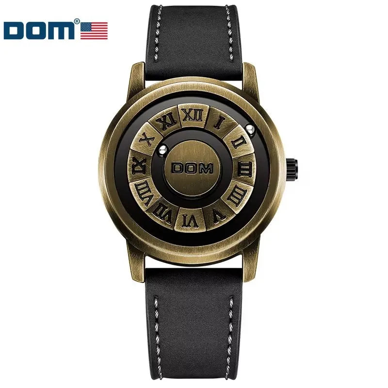 DOM 1345 Men Quartz Watch Black Creative Retro Bronze Scrolling Iron Ball Magnetic Pointer Waterproof Watches for Male Gift