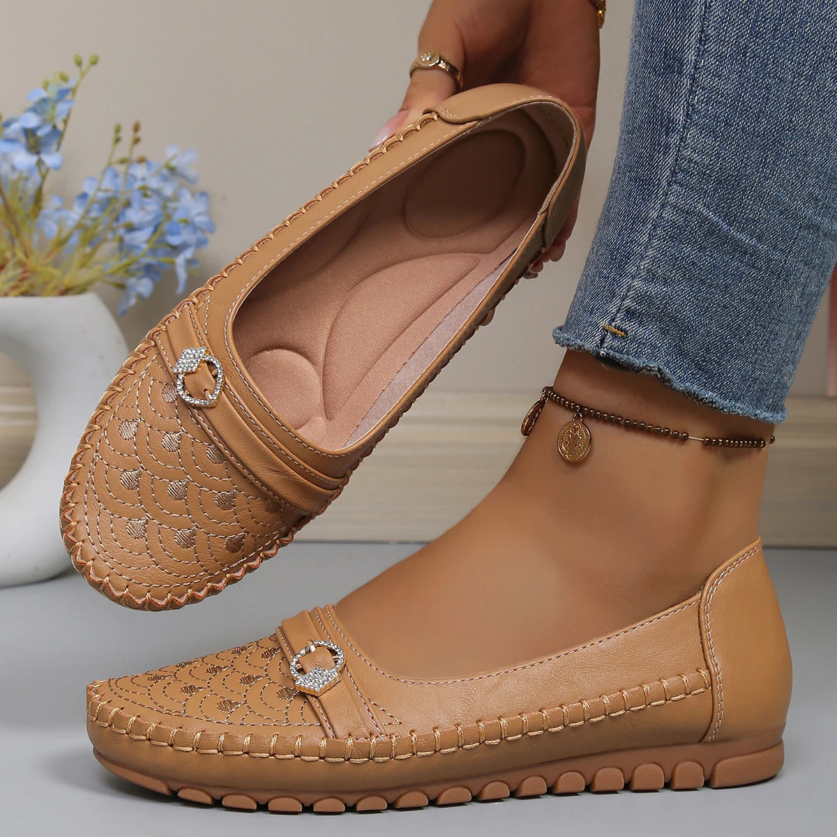 goreyodoly Women Comfortable Slip-On Loafers, Lightweight Breathable Wide Fit Flats with Embroidery & Rhinestone Buckle