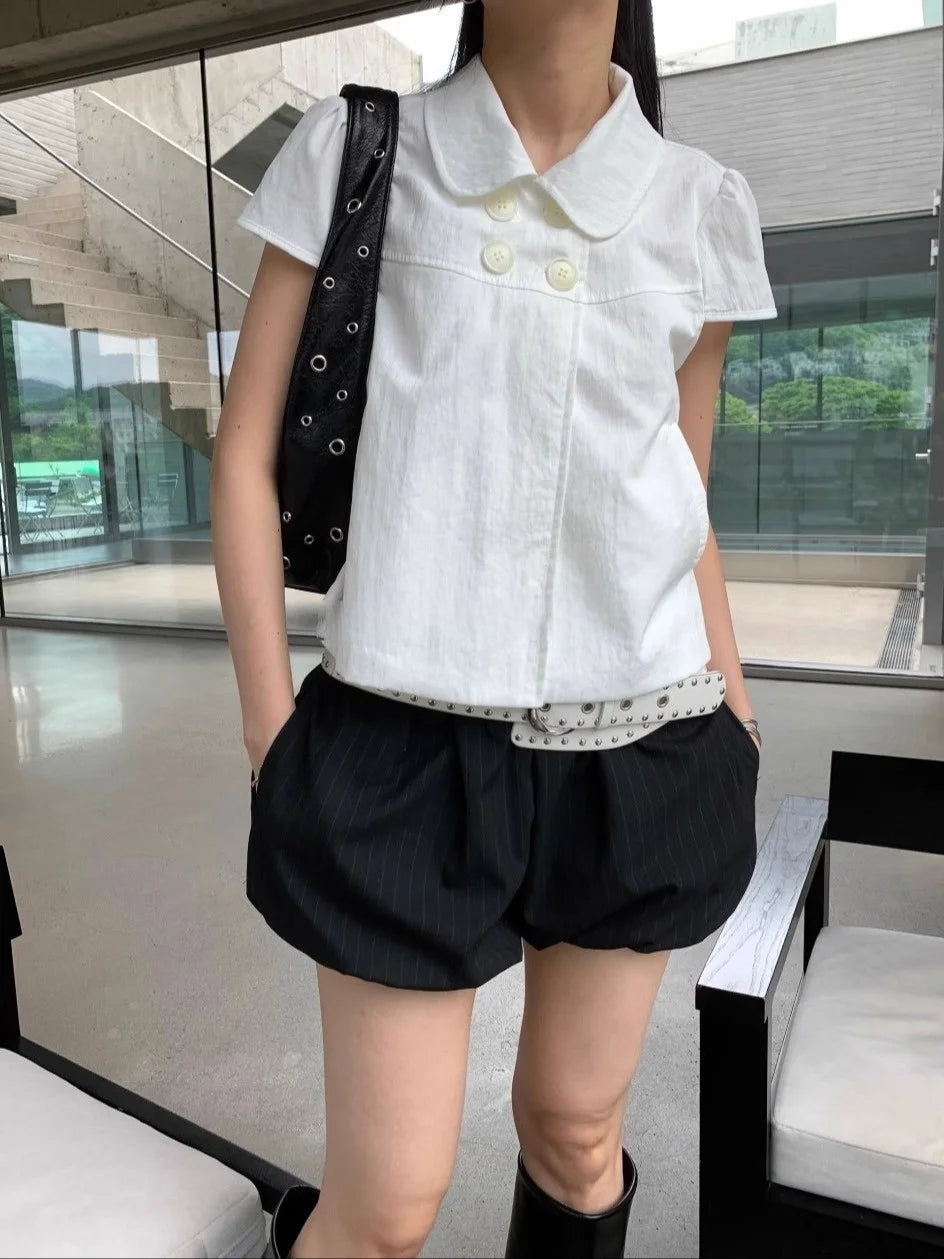 Casual Sle ort Sve irt Vintage Doll Collar Four Buttons Girl Feeling SEI Japanese Sle Summer Top Women's Faion