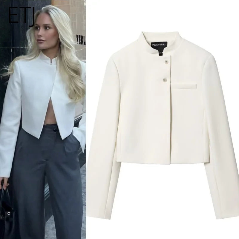 ETJ 2025 autumn winter new professional women's simple fashion white short commuting zhongshan collar suit jacket