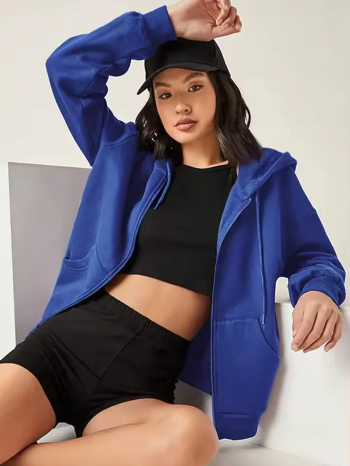 Autumn Fashion Solid Zipper Hoodie Women Warm Fleece Hooded Sweatshirt Casual Street Pocket Sportswear Oversized Female Clothing