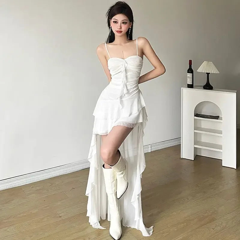 Sexy Ruffle Mesh Dresses Women Sleeveless Black Prom Dress White Aesthetics Clothing Sweet  Asymmetrical Summer Dress