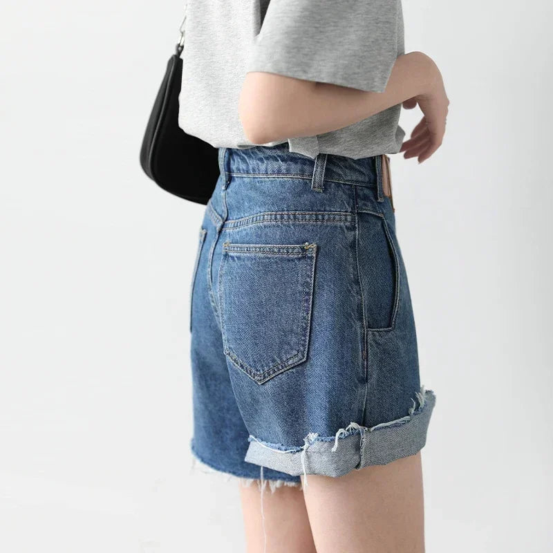 CHIC VEN  Women's Denim Shorts Retro Irregularly Cut Blue High-waisted Short Jeans for Women Streetwear Pants Ladies Summer 2022