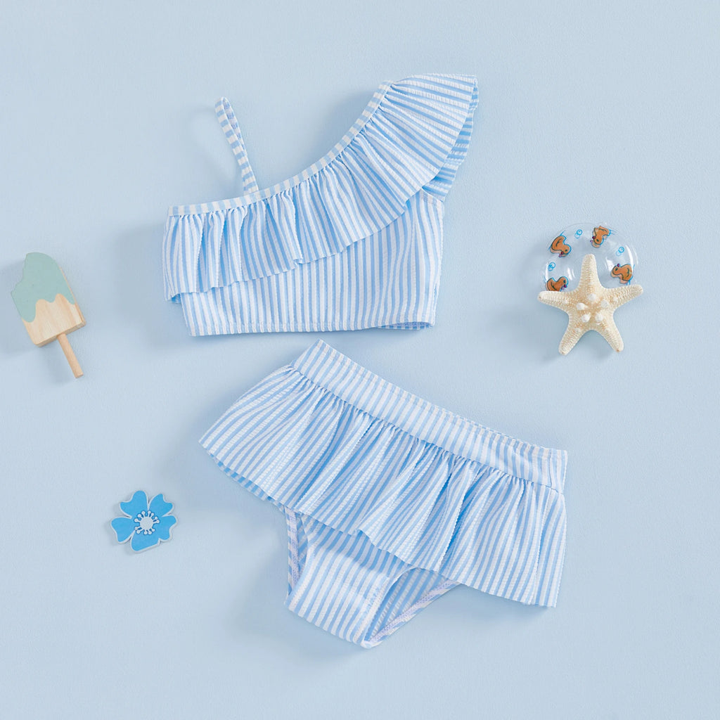  1-5Y Toddler Girls 2pcs Bikini Sets Kids Striped One Shoulder Asymmetric Swimsuit Ruffled Swimwear Summer Beach Bathing Suit