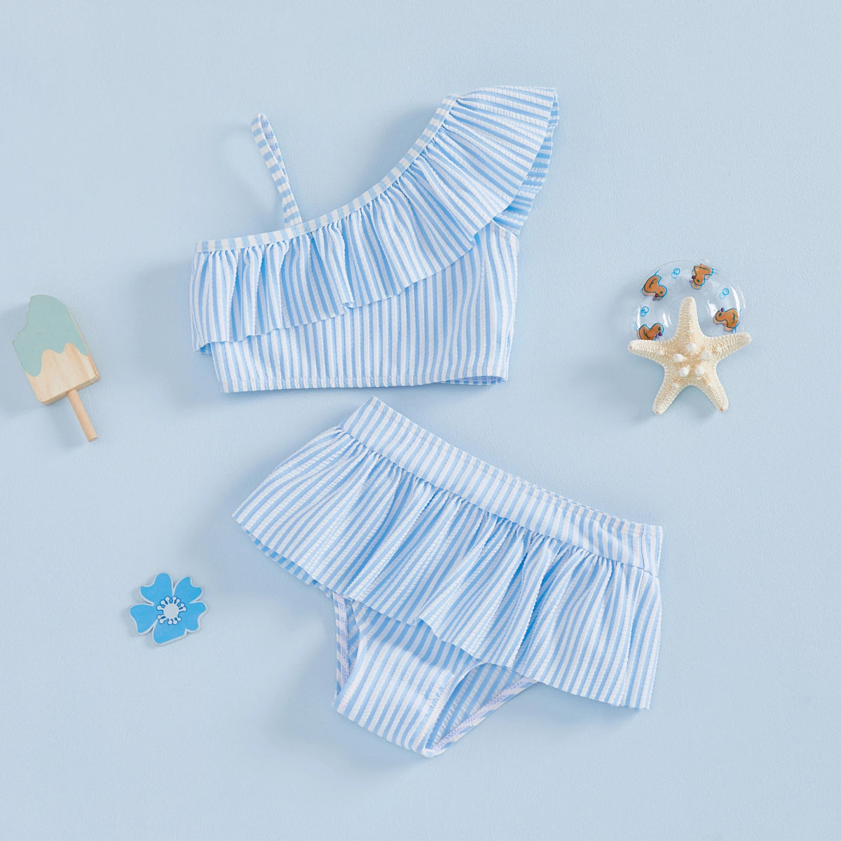  1-5Y Toddler Girls 2pcs Bikini Sets Kids Striped One Shoulder Asymmetric Swimsuit Ruffled Swimwear Summer Beach Bathing Suit