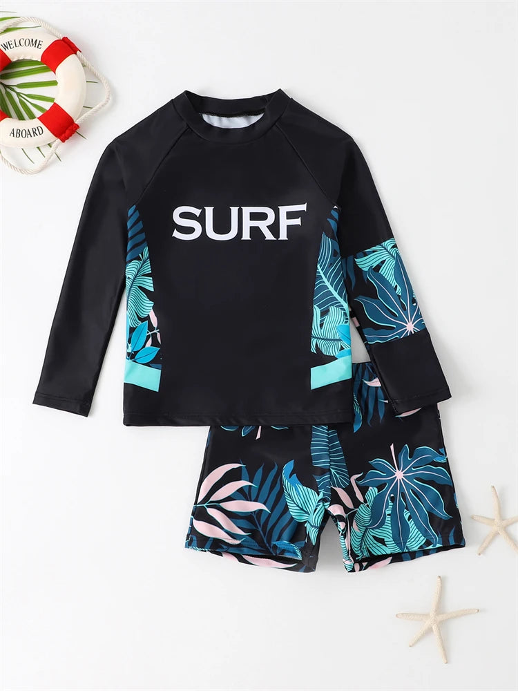 Boy Swimsuit 2026 New Leaves Print Long Sleeve Children Swimwear Summer Two Piece Kids Beach Wear Swimming Bathing Suit Boys Men