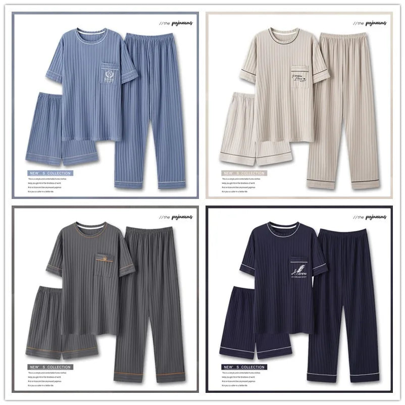 Men's Fashion Summer 3-Piece Pajamas Set Short Sleeve round Collar Cotton Homewear plus Size 5XL Shorts Loungewear Pijamas