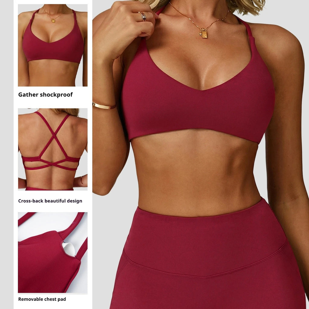 Sports Bra High  Support Women Gym Underwear Push-up Back Cross Yoga Crop Top Running Workout Fitness Pilates Solid Color