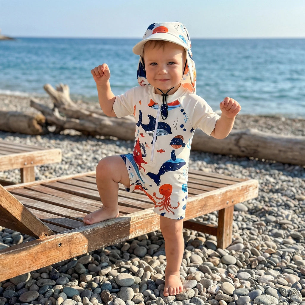 Toddler Boys Rash Guard Swimsuit Sea Animal/Tropical Plant Print Short Sleeves Mock Neck Zipper Romper Swimwear Cap Beachwear