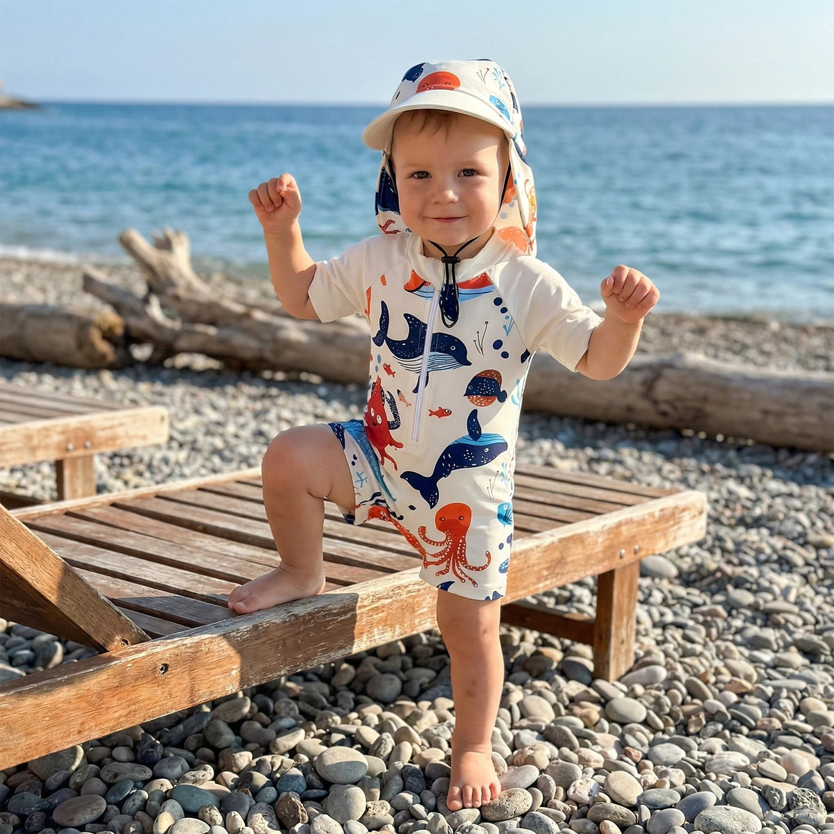 Toddler Boys Rash Guard Swimsuit Sea Animal/Tropical Plant Print Short Sleeves Mock Neck Zipper Romper Swimwear Cap Beachwear