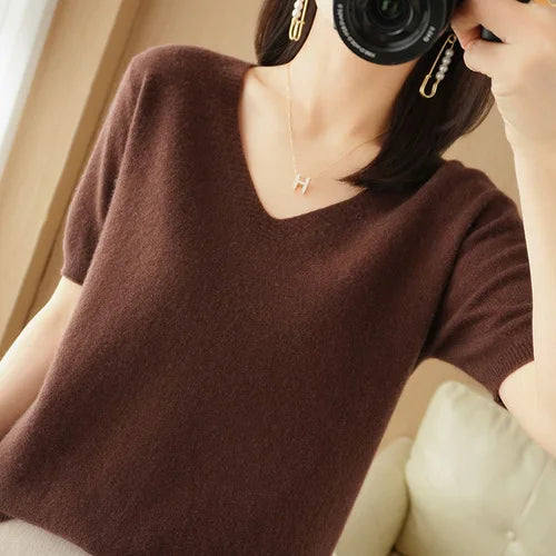 Women Sweater Casual Short Sleeve Pulls 2025 Spring Summer V-neck Knitwears Korean Fashion Shirts Tops Pullovers Soft Jumpers