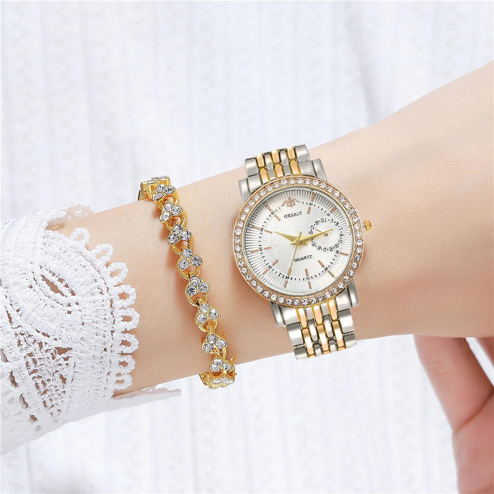Elegant Women's Two Tone Crystal Watch Stainless Steel Band Quartz Wristwatch Ladies Dress Watches