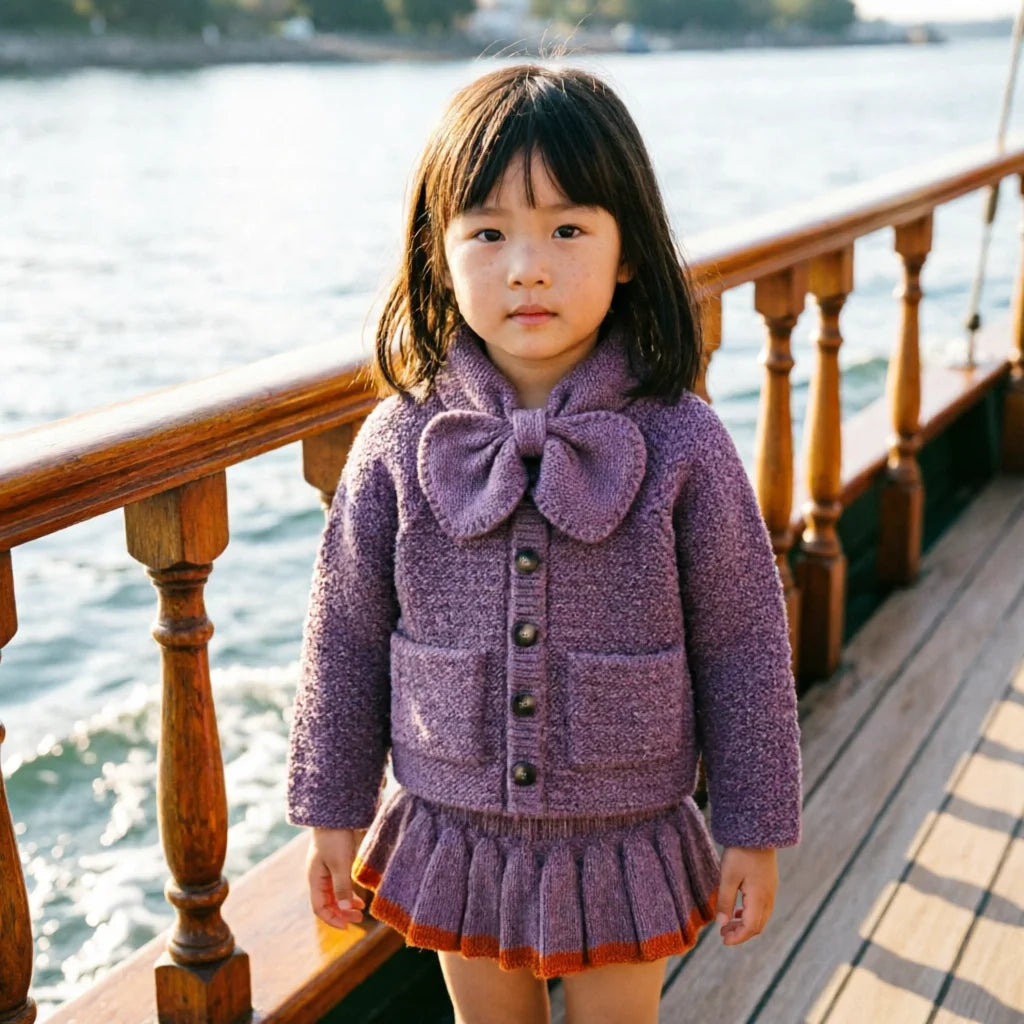 Girls Sweater Set 2026 New Autumn Winter Purple Heart Bow Knit Sweater Skirt Pants 2 Piece Set Kids Fashion Outfit