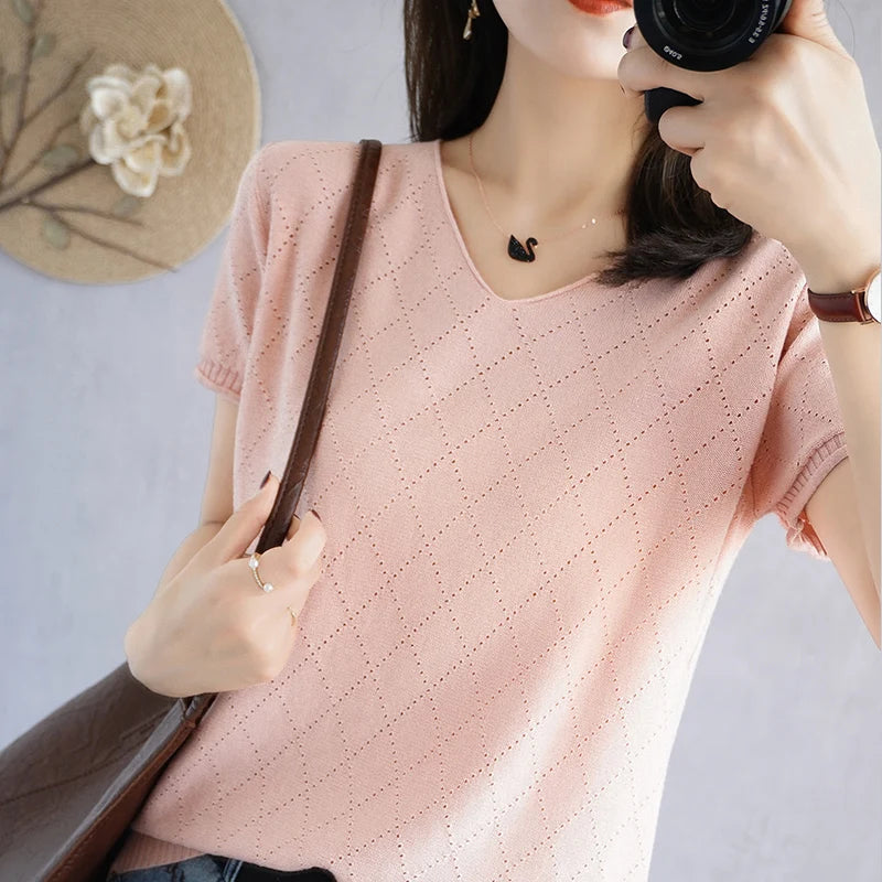 Summer new women's T-shirt 100% cotton casual pure color knitted sweater short-sleeved V-neck women's top loose fashion T-shirt