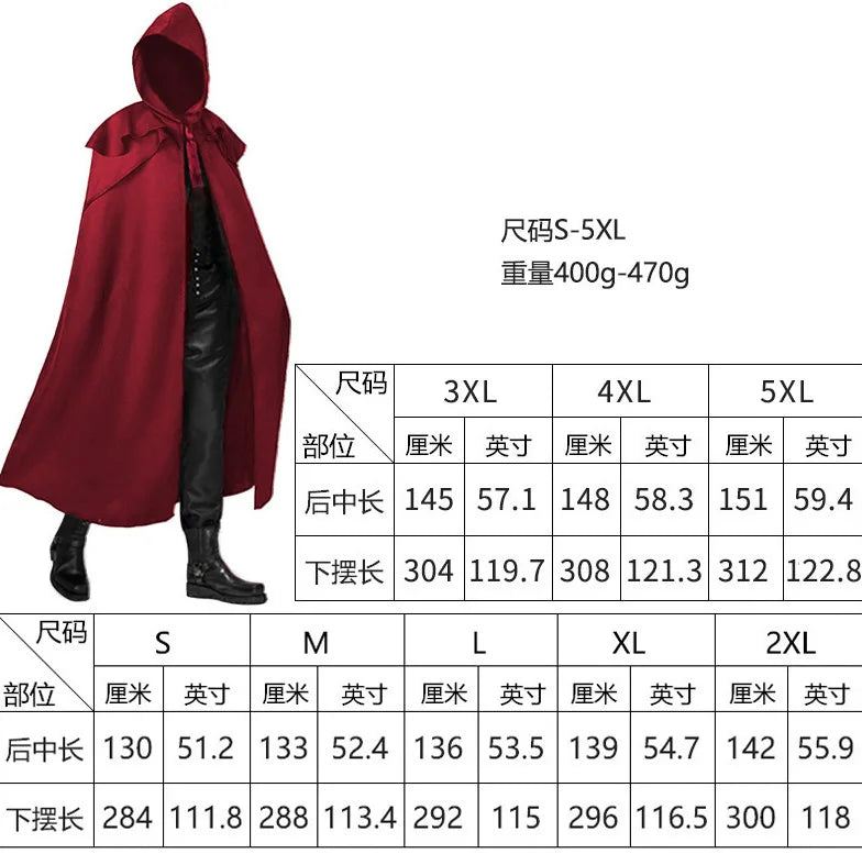 2026 Medieval Men's Black Retro Cosplay Hooded Cape Gothic Long Cloak Jacket, Red Green Blue Available, Unisex Jacket