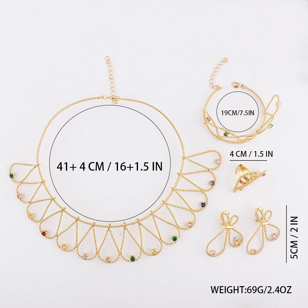Fashion High Quality Gold Plated Women Jewelry Set Simple Lines Earrings Ring Colored Zircon Necklace Bangle For Wedding Party