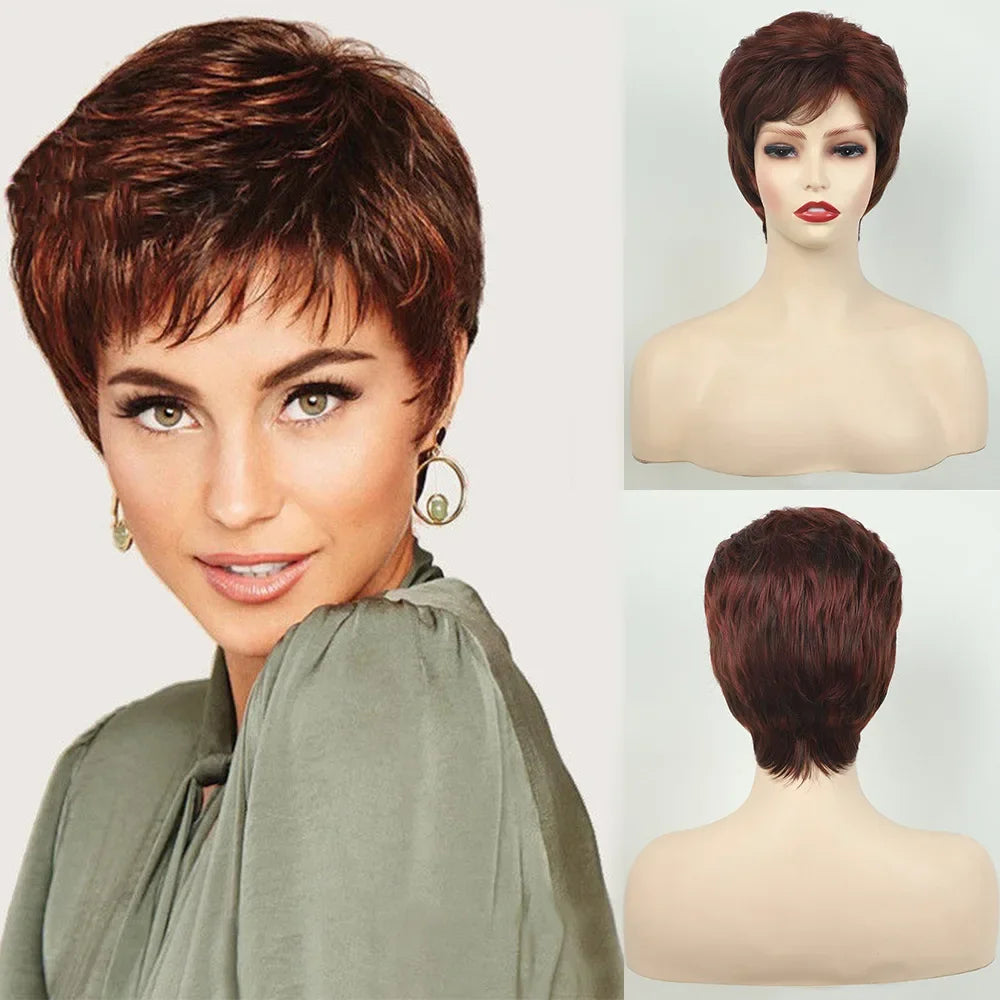MSIWIGS Short Wavy Synthetic Cut Wigs For Women Daily Wear Africa American Brown Fake Hair