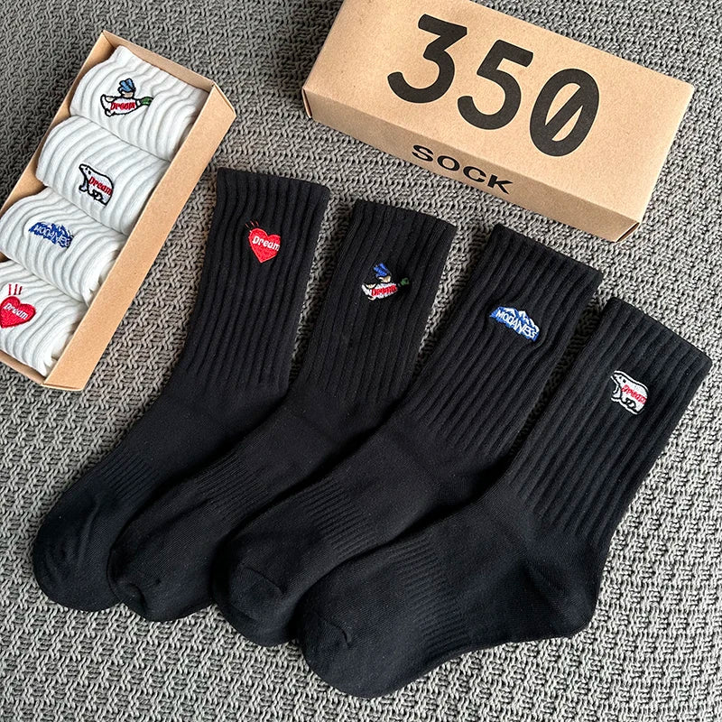 4 Pairs/Box Women's Socks Gift Box Spring Summer Fashion Embroidery Free Shipping Items Funny Gifts Black Middle Tube Socks