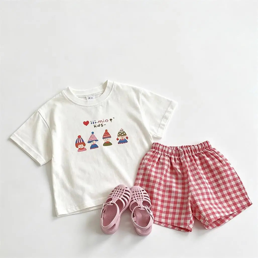 Pink Tshirts Black Shorts 2pcs Girls Printed T-shirt Versatile Shorts Lovely Tees Plaid Shorts Toddler New 2026 Summer Clothes