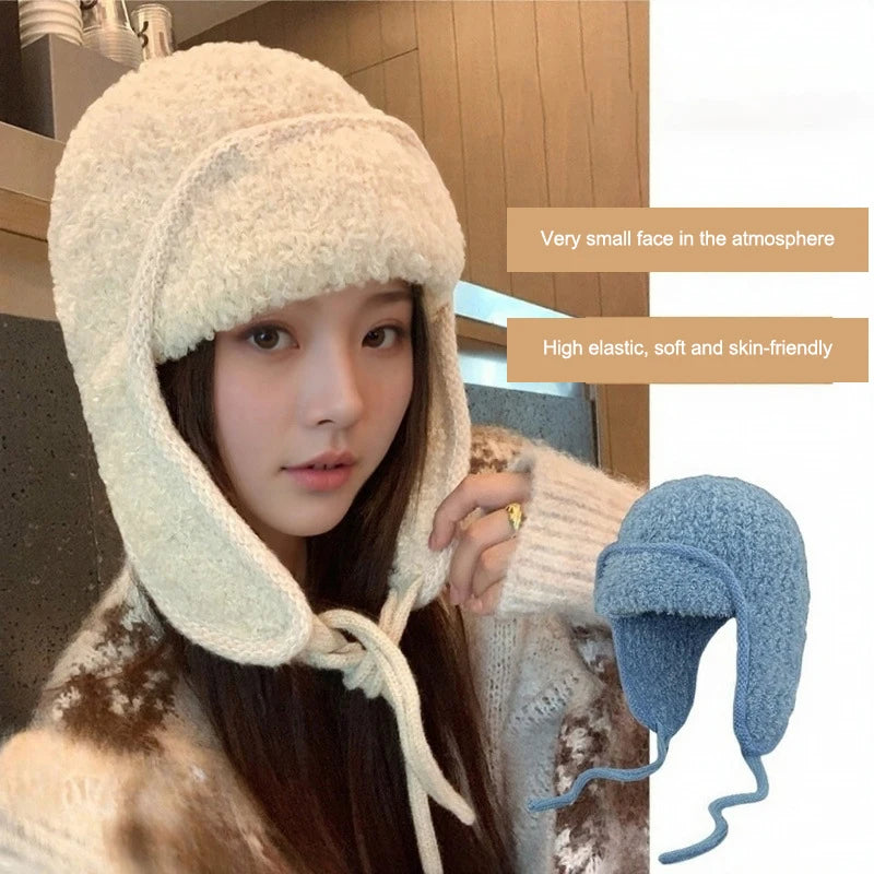Ear-protective Woolen Knitted Hats for Women, Autumn Winter Thickened Fleece Caps, Ideal for Large Head Circumference