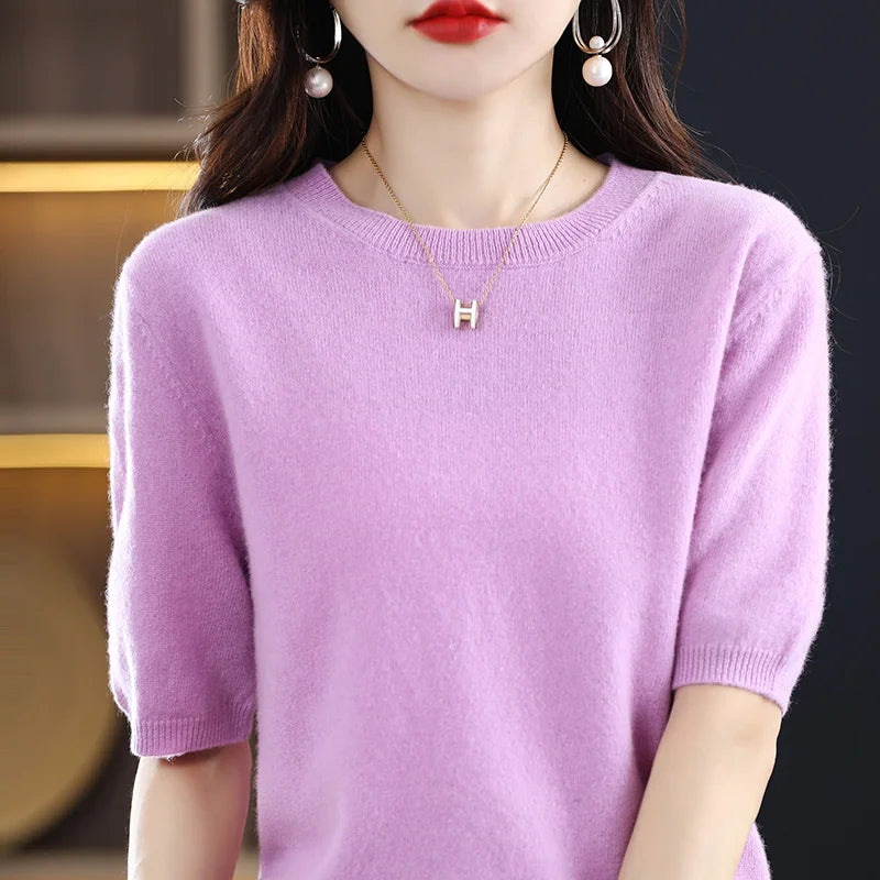 2025 New Spring Summer Women Sweater Short Sleeve O-Neck Pullover 100% Merino Wool Pure Color Knitted Jumper Female Clothing
