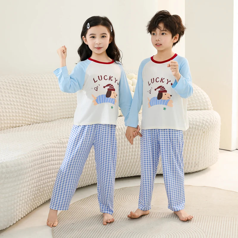 Kids Modal Pajamas Set, Short Sleeve Long Pants Cartoon Loungewear, Breathable Cool Soft Sleepwear For Boys Girls