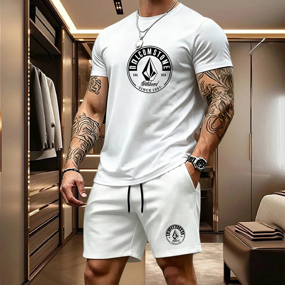 Men's Casual Sportswear 2-piece Set Classic Short Sleeved T-shirt+drawstring Pocket Shorts Street Skateboarding Outdoor Outfit