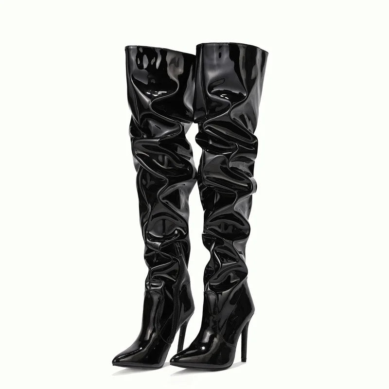 Women's Boots Over The Knee Shiny Pleated High Heel Boots Side Zip Womens Pumps Pointed Toe Stiletto Women Shoes Patent Leather
