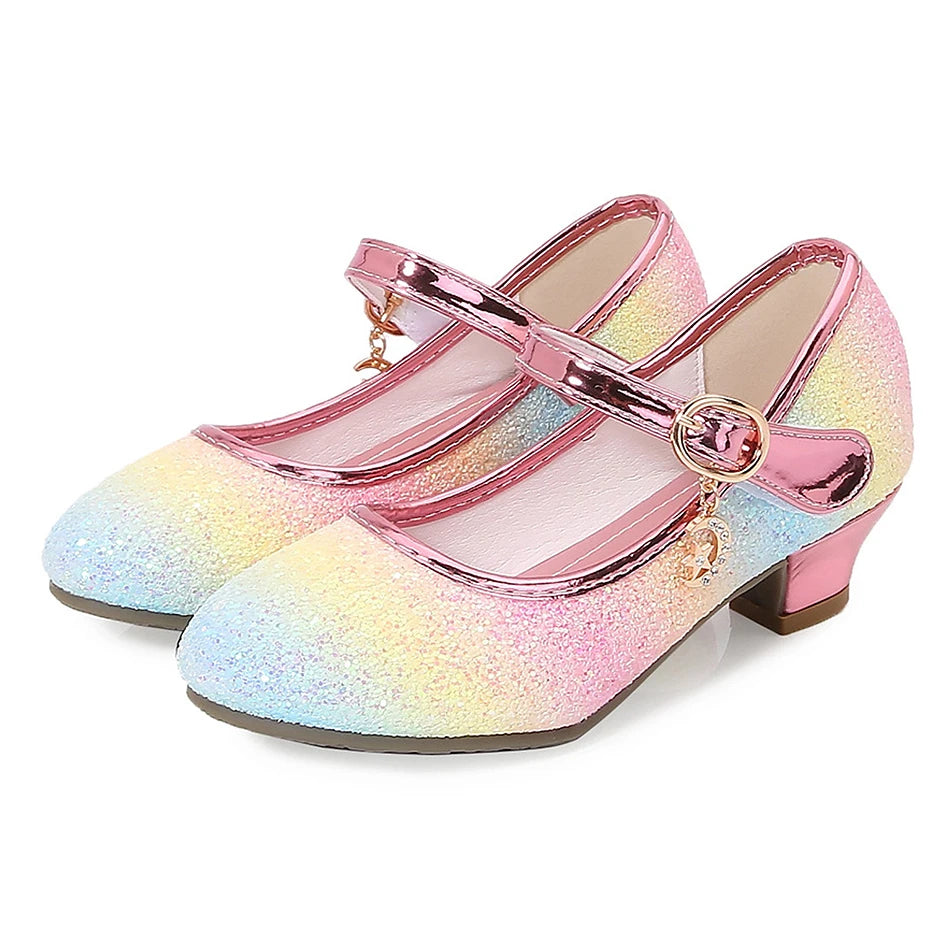 Girls Fashion Sequin High Heels for Kids Princess Shoe Children Party Wedding Dance Shoe Student Performance Solid Color Shoes