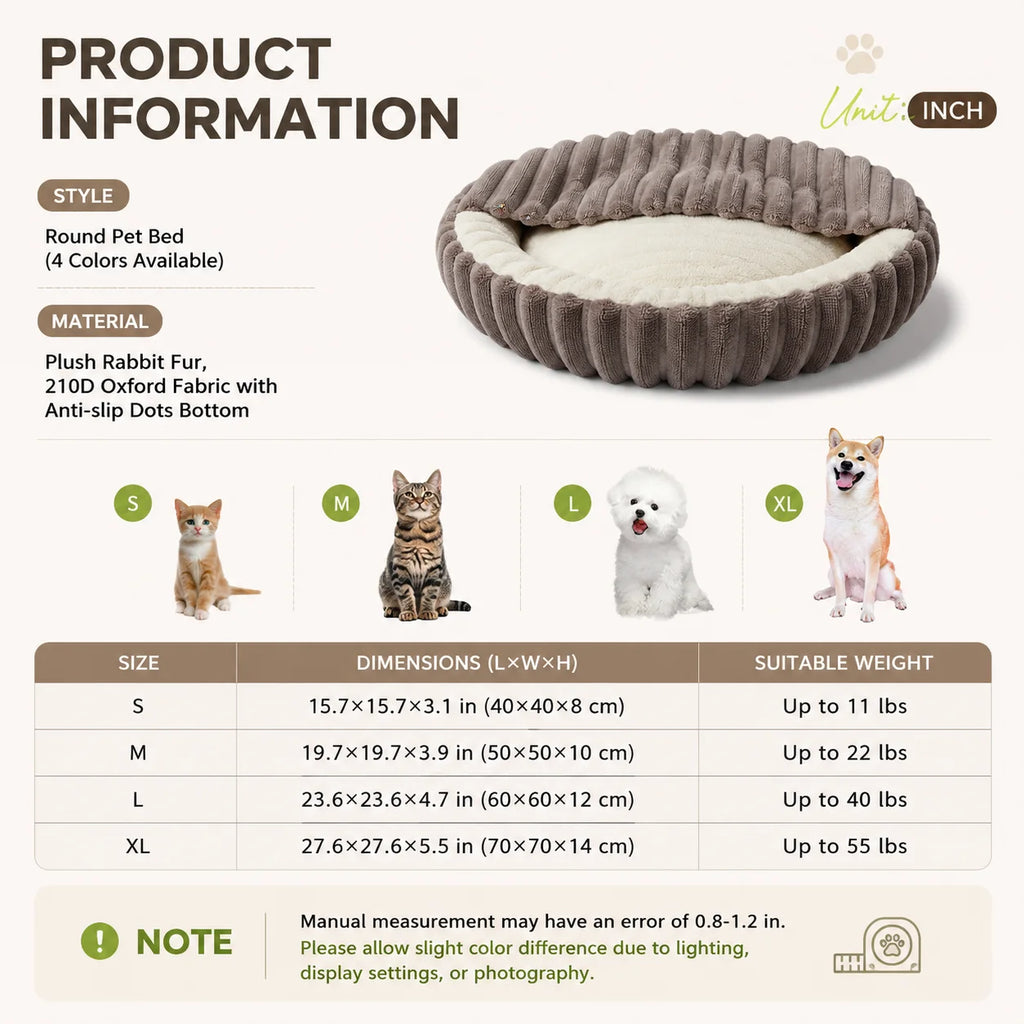Plush Pet Bed Soft Rabbit Fur Dog Bed Cat Bed Calming Round Cushion Cozy Sleeping Nest Comfortable Pet Sofa