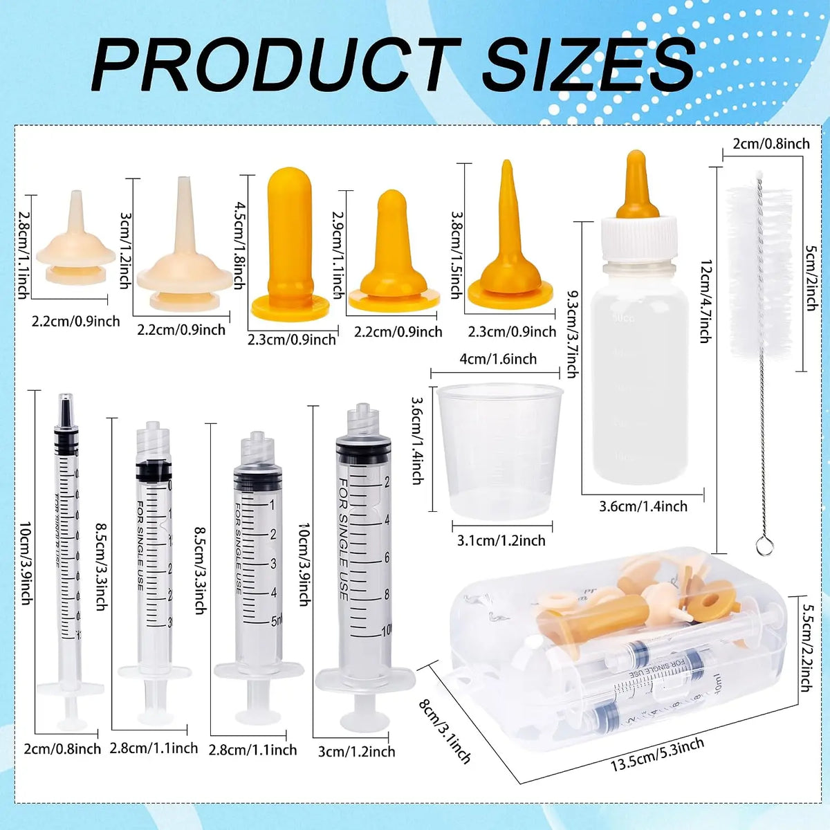 23 pet feeding sets: contains 50 ml bottle and syringe, nipple, measuring cup, cleaning brush, suitable for puppies and kittens