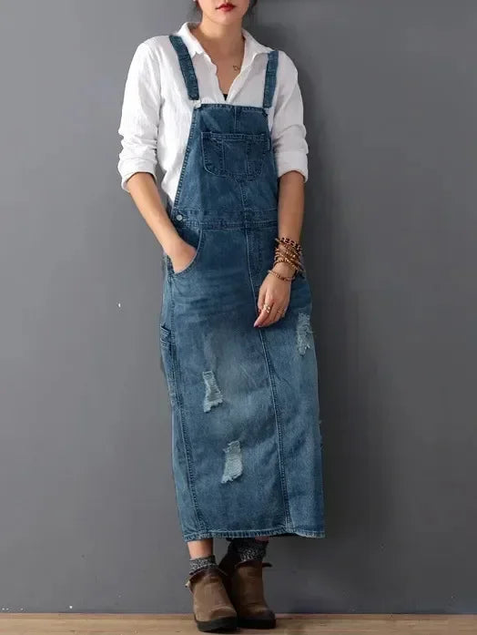 Women Denim Dresses Suspender Sleeveless Strap Straight Long Skirts Romper Loose Jumpsuit Overalls Jeans Dresses 2024 Vestidos