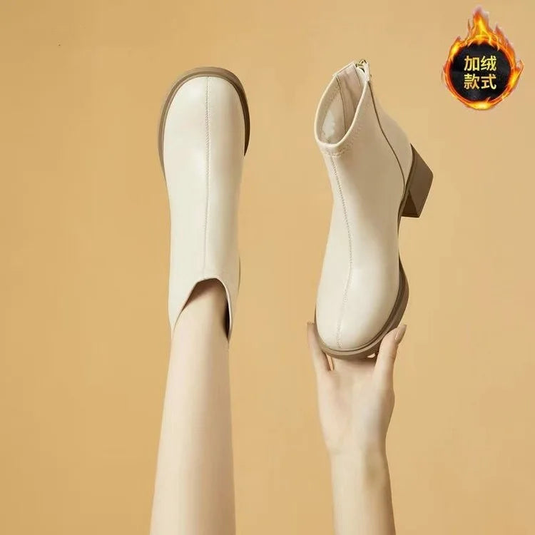 Women's Boots 2025 Autumn/Winter Mid Heel Plush Short Boots Women's Shoes New Single Boots French White Thin Boots Thick Heel