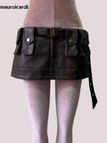 Spring Summer Brown Pu Leather Mini Skirt Women Three-dimensional Pockets Luxury Designer Vintage Emo Clothes Runway Fashion