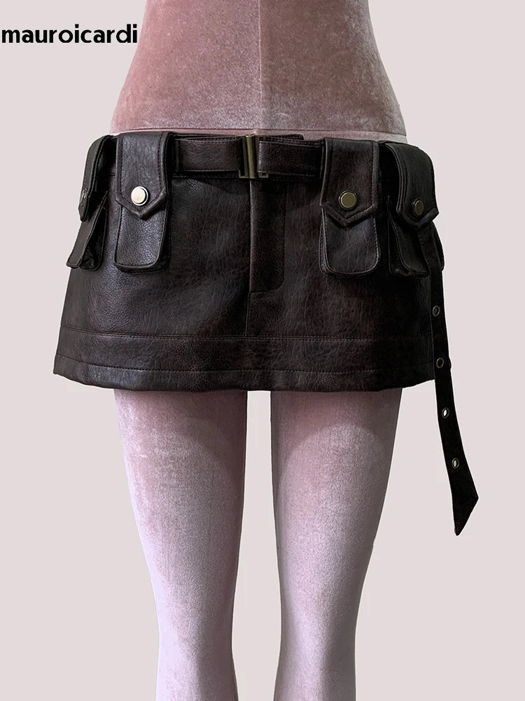 Spring Summer Brown Pu Leather Mini Skirt Women Three-dimensional Pockets Luxury Designer Vintage Emo Clothes Runway Fashion