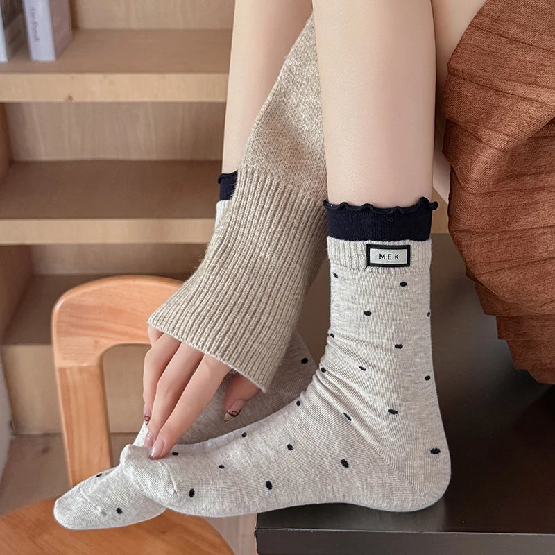 Socks For Women New Dots Cute Frilly Casual Fashion Long Socks Breathable Preppy Style Ladies Novelties Socks Cotton Soft Comfy