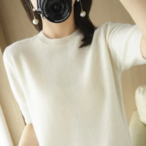 2025 Spring Summer Womens Sweater Short Sleeve O-neck Slim Fit Knitted Pullovers Bottoming Casual Knitwear Camel Pink Clothes
