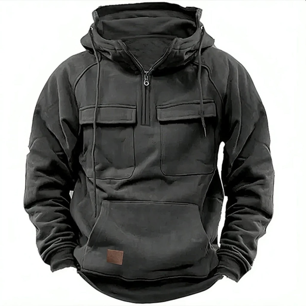 Fashionable Youth Men's Hoodie Solid Color Casual Autumn/Winter Pullover with Multi Pockets Patch Design