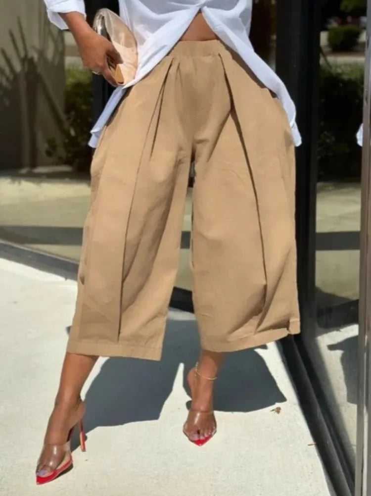 UOOZEE Women's Solid Color Cotton Blend Cropped Pants 2025 New Summer Casual Loose High-Waisted Wide Leg Trousers Bottoms