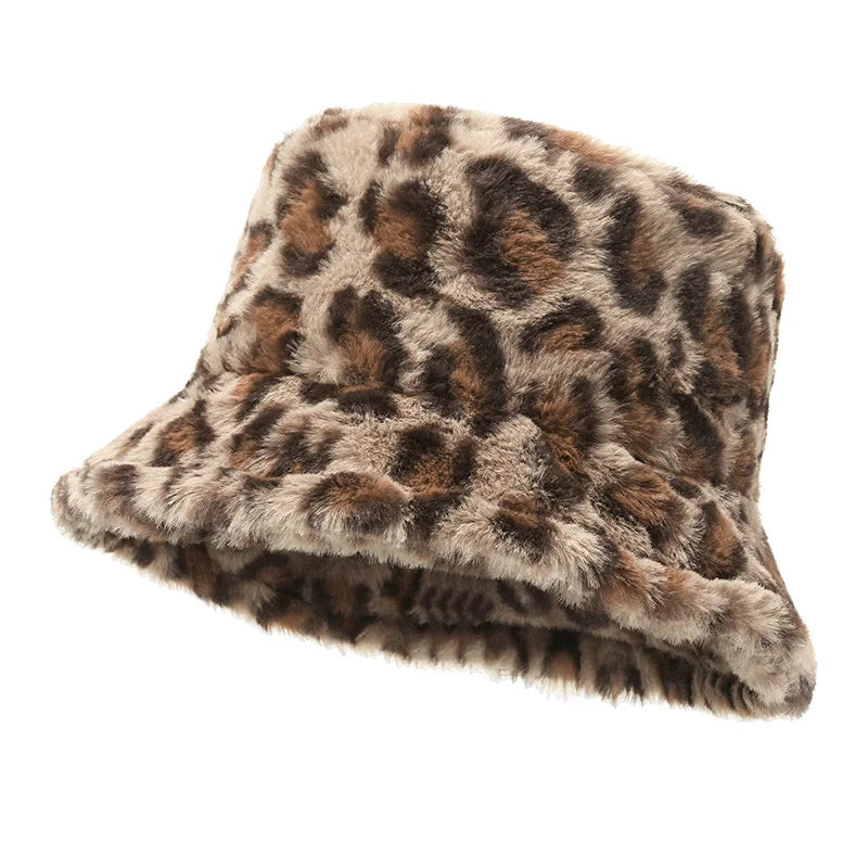 Female Vintage Faux Fur Fisherman Cap Hats For Women Dropshipping Winter Bucket Hat Women's Fashion Leopard Panama Warm Hats